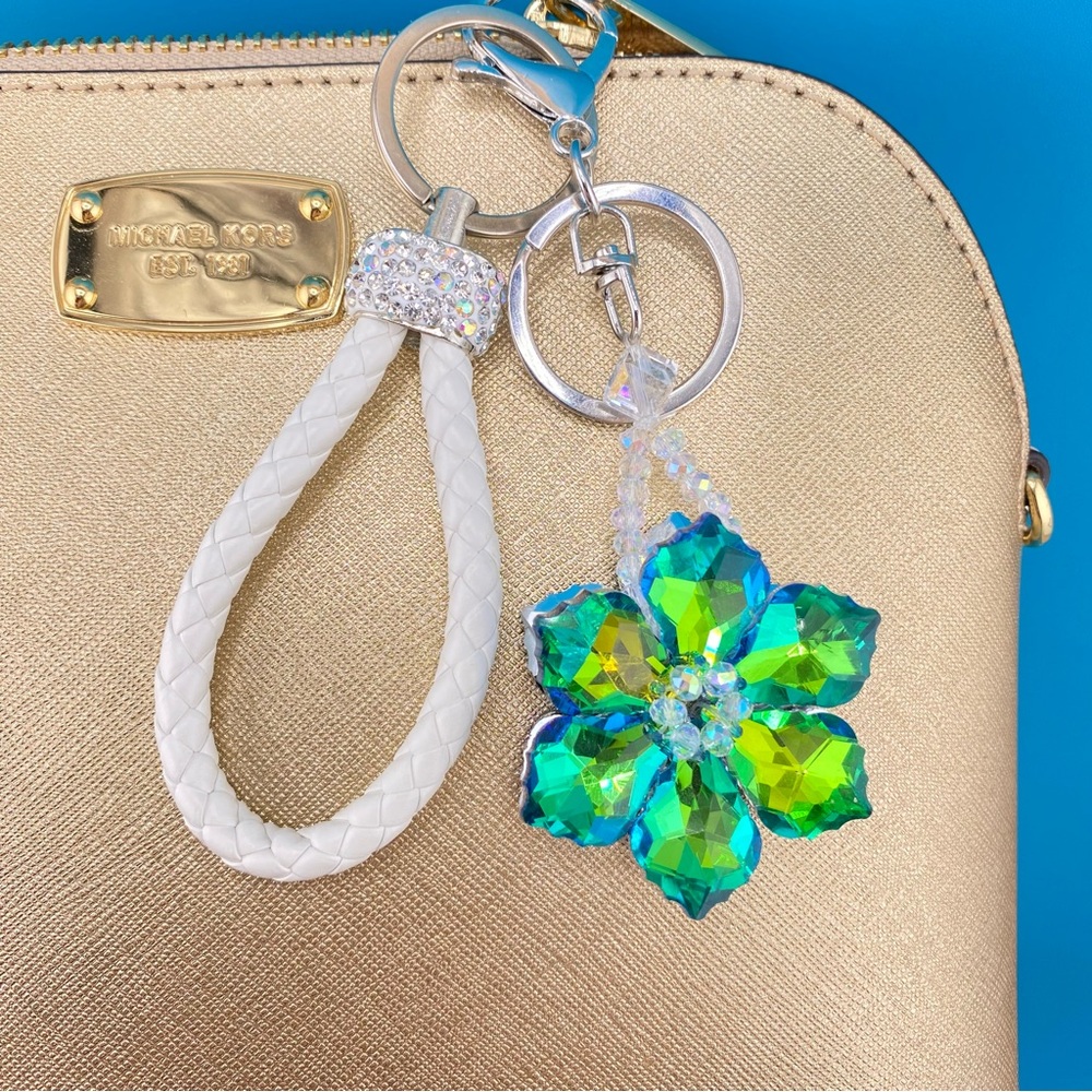 ✨Crystal Flower Sparkly Bling Bag Charm & Braided PU Leather Key Ring, Keychain